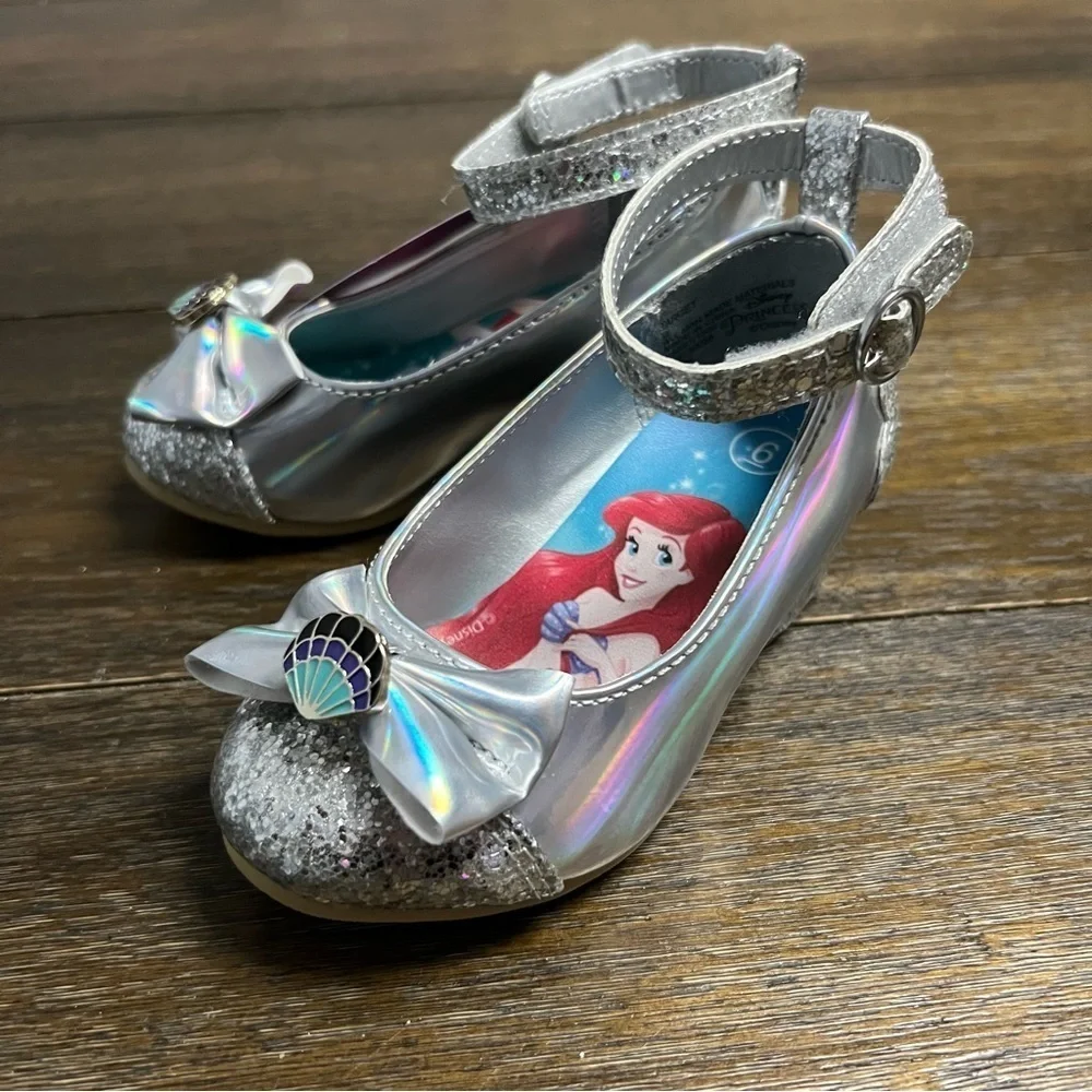 Girls Disney Princess Ariel Ballet Shoes Silver Glitter Heels Size 6